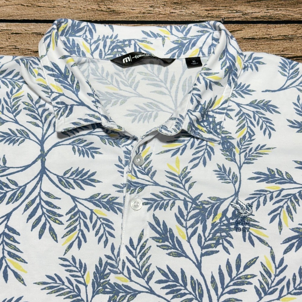 Travis Mathew Polo Shirt Mens XL White Blue Leaf Old Marsh Golf Club Florida